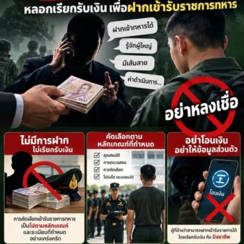 กองทัพบกเตือนประชาชนอย่าหลงเชื่อผู้แอบอ้าง หลอกเรียกรับเงิน ฝากเข้ารับราชการทหาร